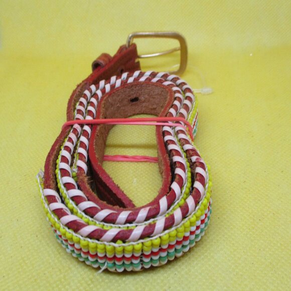Seed Bead Tan Embossed Genuine Leather Belt Gold Tone Buckle Southwestern Beaded - Picture 5 of 6